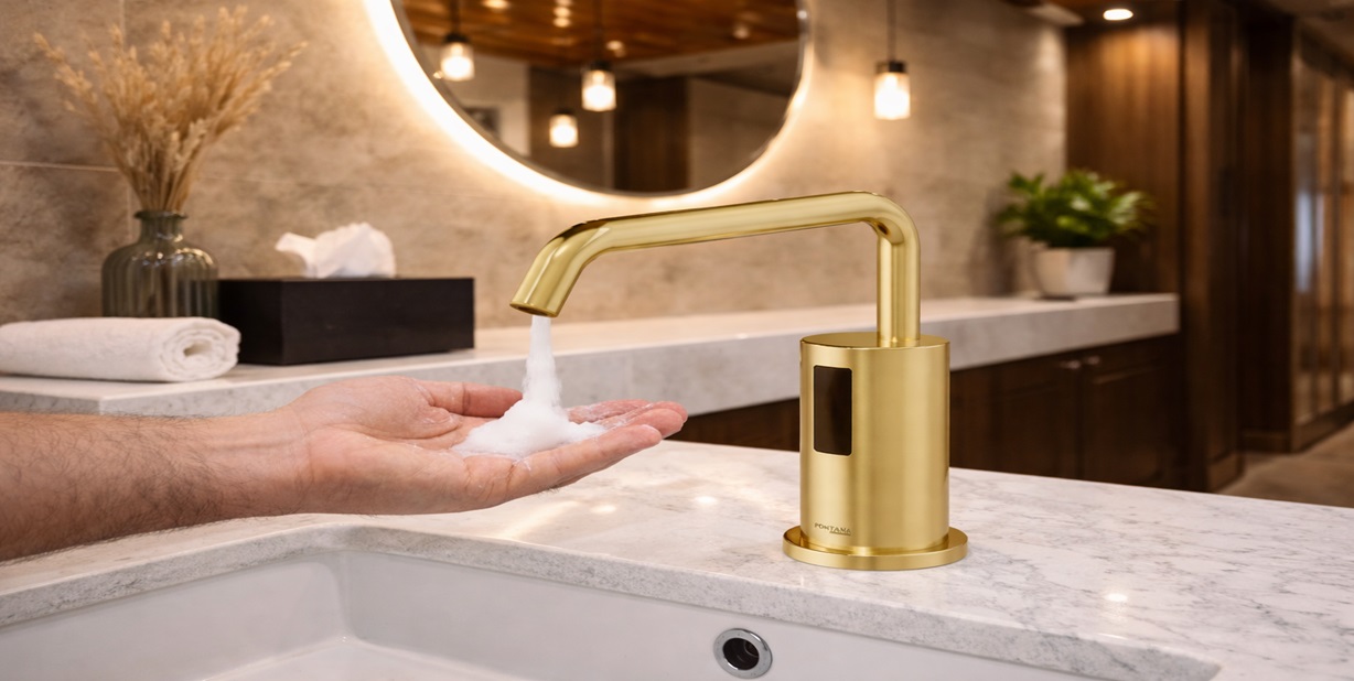 Fontana Leo brushed gold automatic soap dispenser FS9854-BG for bathroom vanity finish schedules